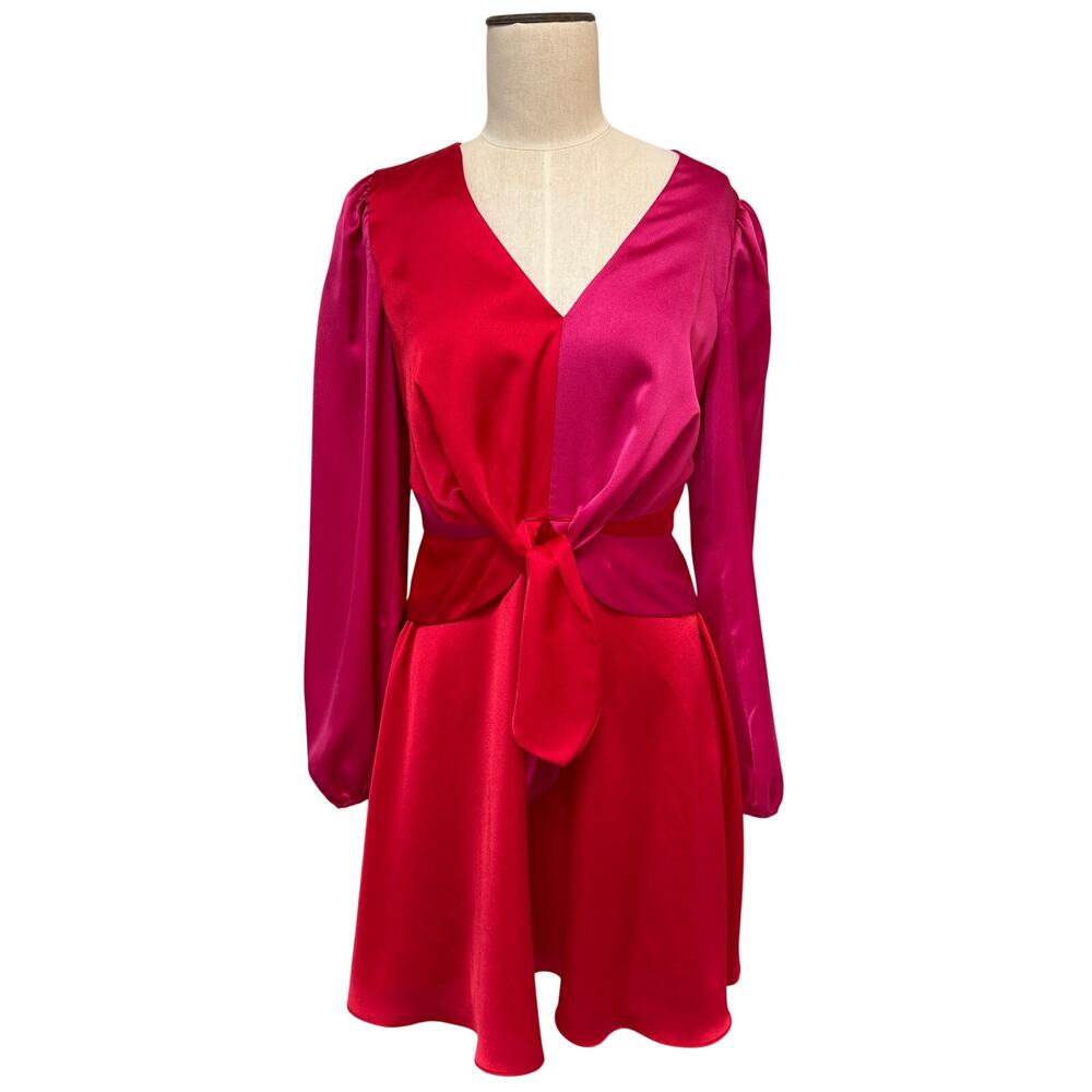 Milly Stella Satin Red Pink Colorblock Tie Waist Long Sleeve V-Neck Mini Dress 4 - Picture 2 of 8